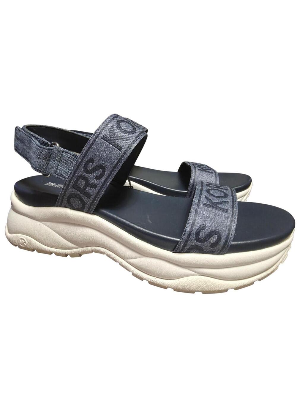 Women's Authentic Denim Blue "Michael Kors" Logo Chunky Sandals Size 8.5 NWT